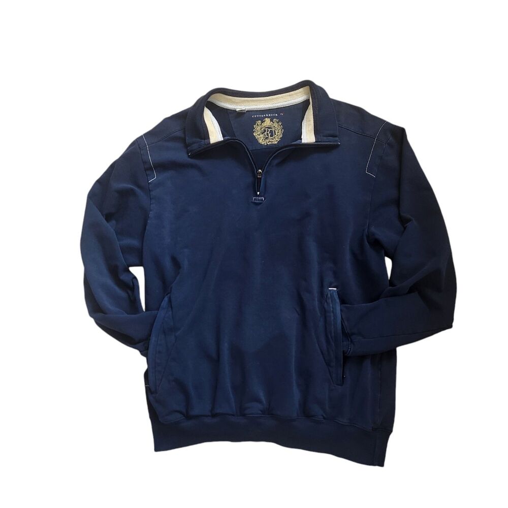 Cutter & Buck Navy Blue 1/4 Zip Knit Pullover L Quiet Luxury Golf Cotton Pockets
